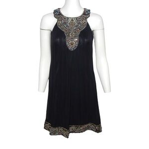 Sue Wong Nocturne Beaded Embellished Cocktail Mini Dress Black Silk Shift Size 0